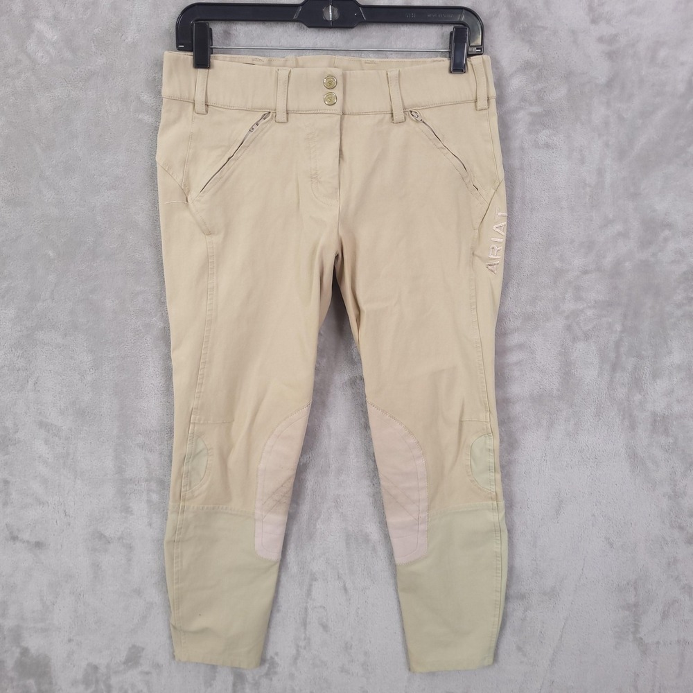 Ariat Riding Pants Womens 28R Beige Knee Patch Breeches Zip Pockets Stretch